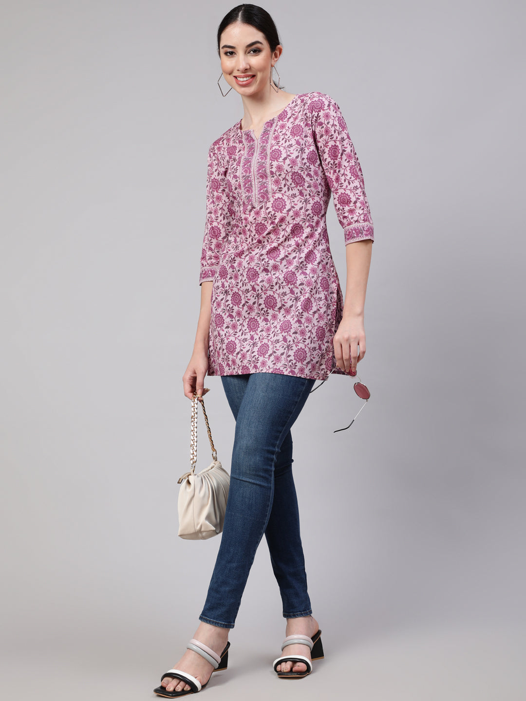 Pink Straight Tunic With Three Quarter Sleeves