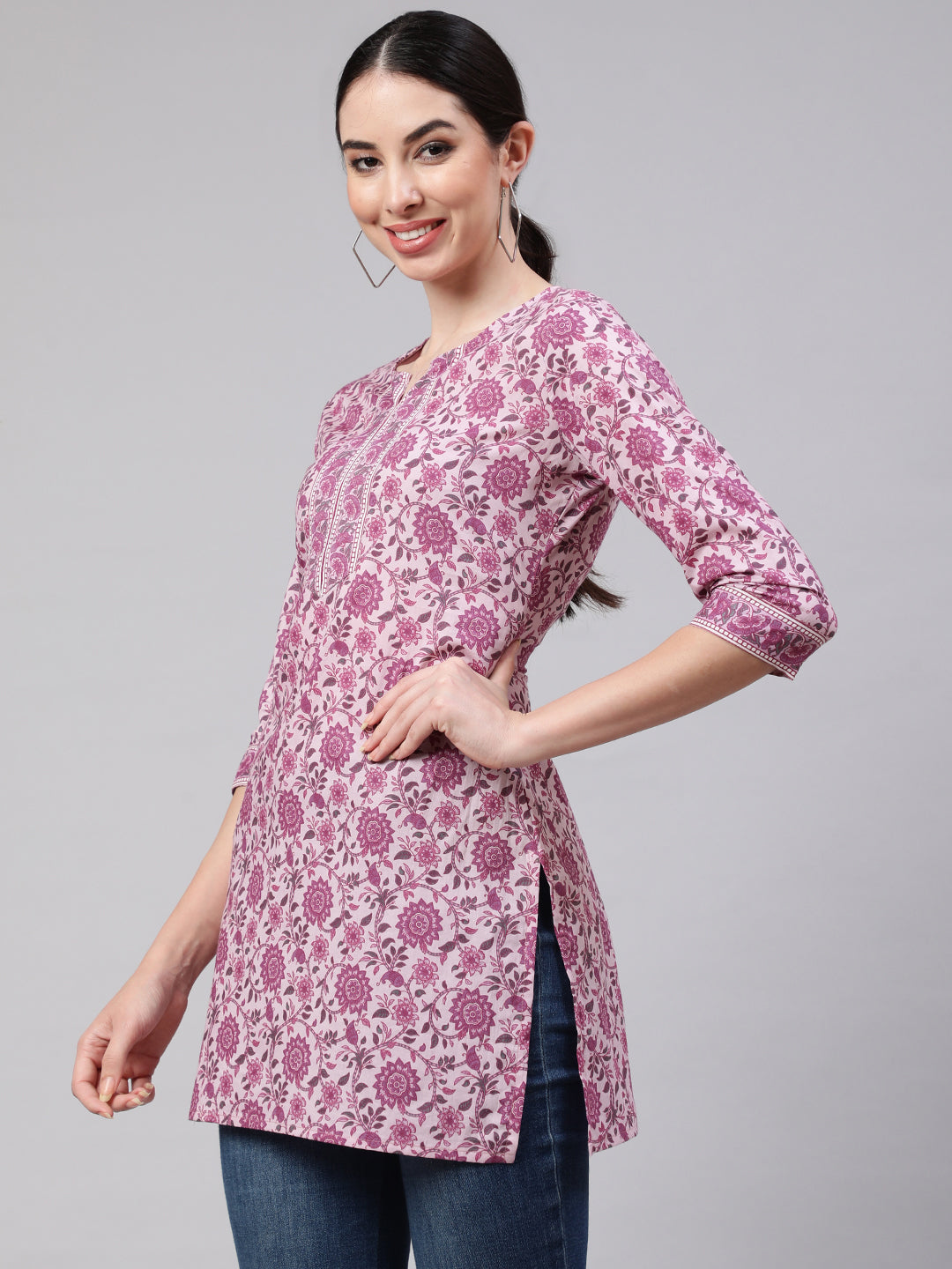 Pink Straight Tunic With Three Quarter Sleeves