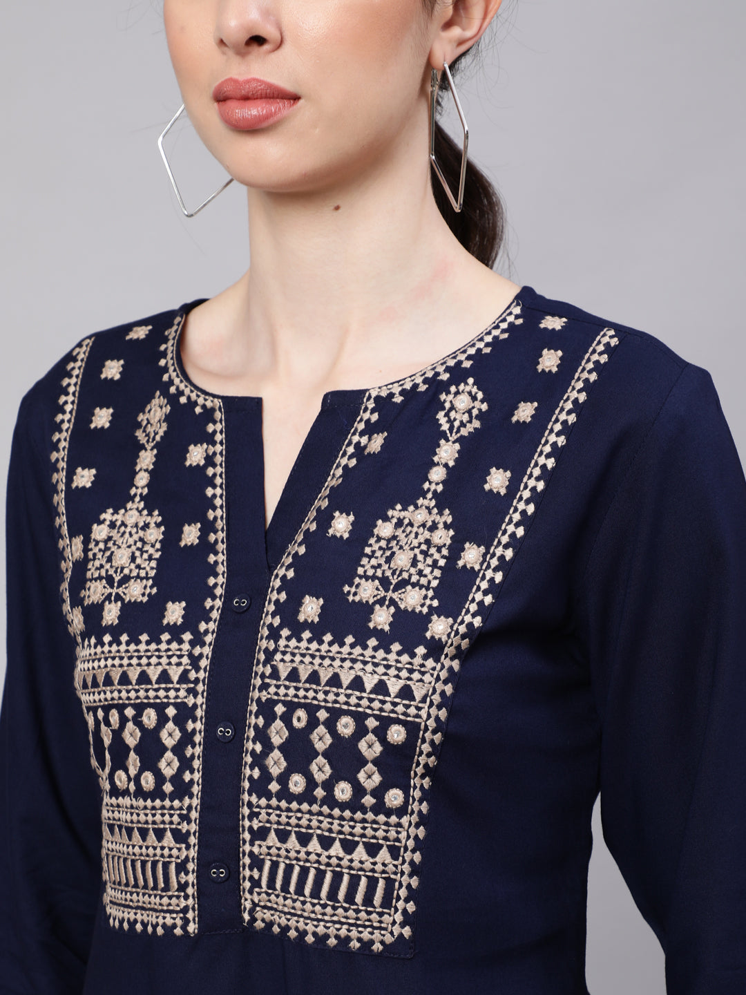 Navy Blue Embroidered Straight Tunic