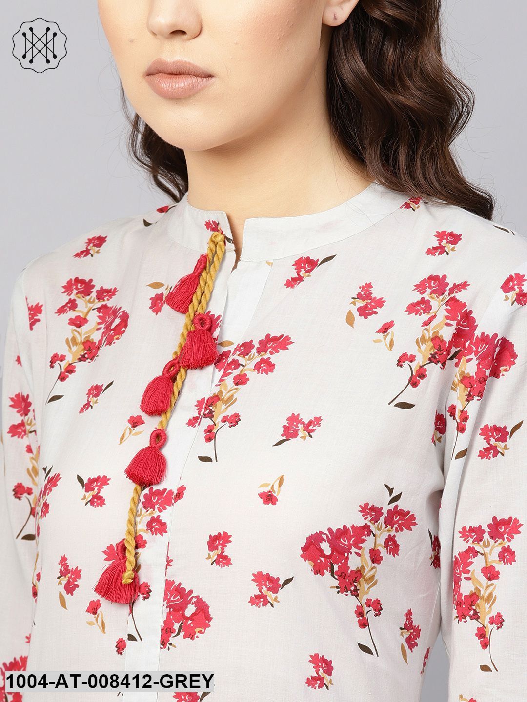 Ice Blue And Pink Floral Printed Collared 3/4Th Sleeves Straight Kurta With Front Tassel Detailing