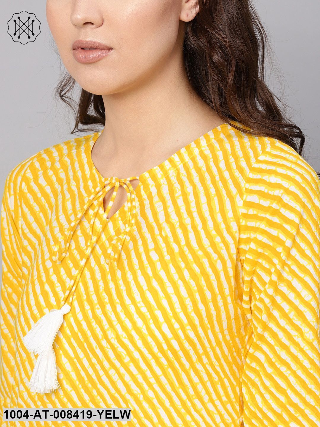 Yellow Leheriya Striped Half Sleeve Straight Cotton Kurta