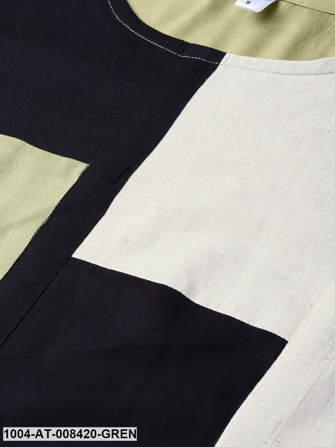 Solid Pista Green And Black Color Blocked 3/4Th Sleeve Rayon Kurta