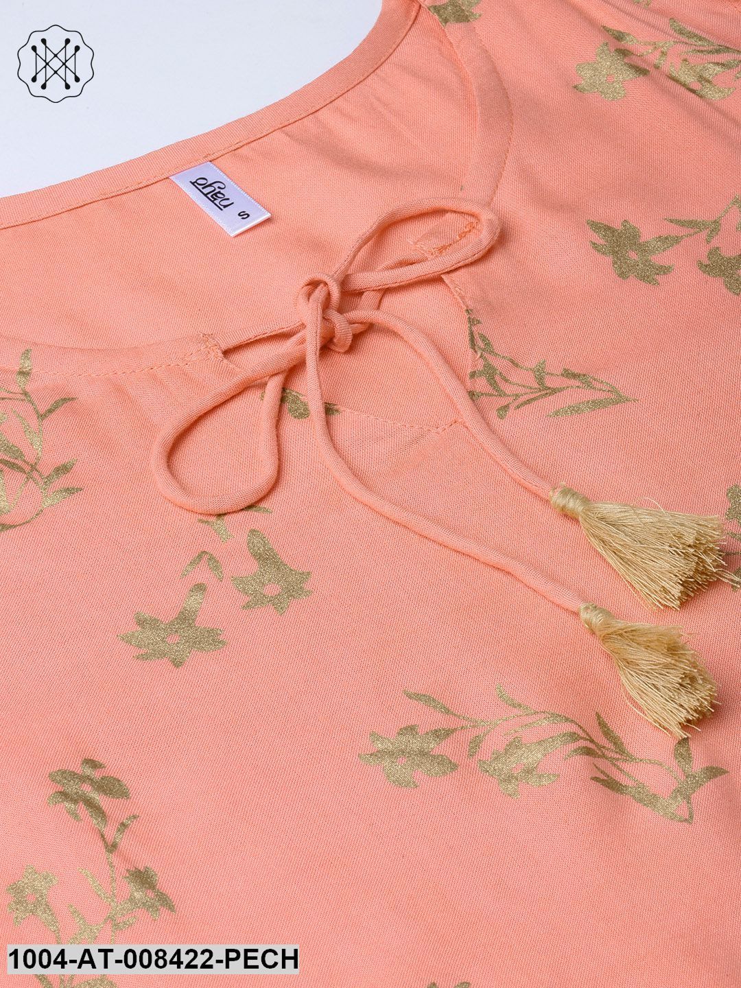 Peach Gold Khari Printed 3/4Th Sleeve Rayon Kurta With Dori Work At Yoke