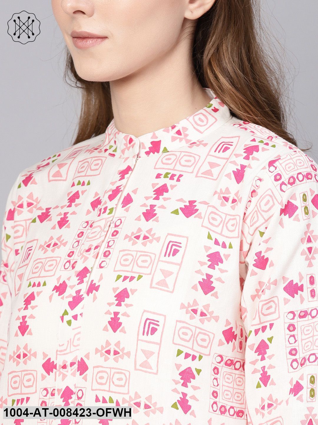 Off White And Pink Printed 3/4Th Sleeve Cotton Kurta