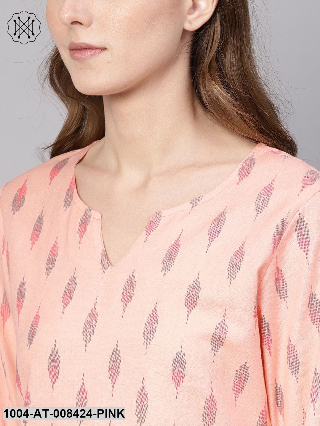 Pastel Pink Round Neck With V-Slit & 3/4Th Sleeve Cotton Straight Kurta