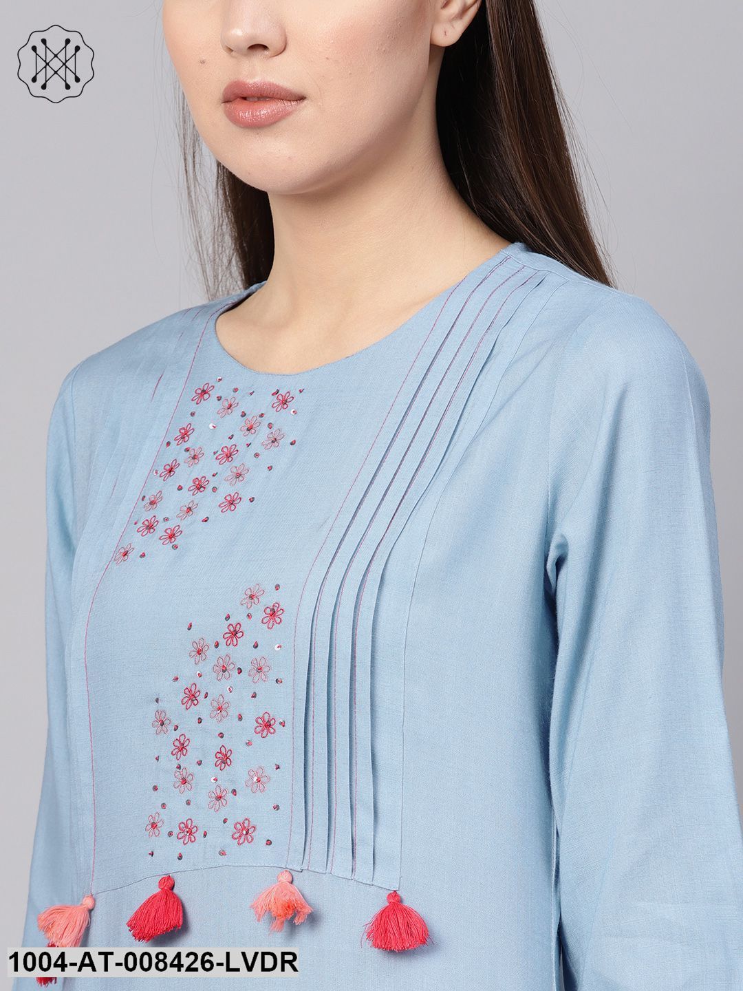 Solid Lavender Round Neck Straight Kurta With Embriodery Work At Yoke