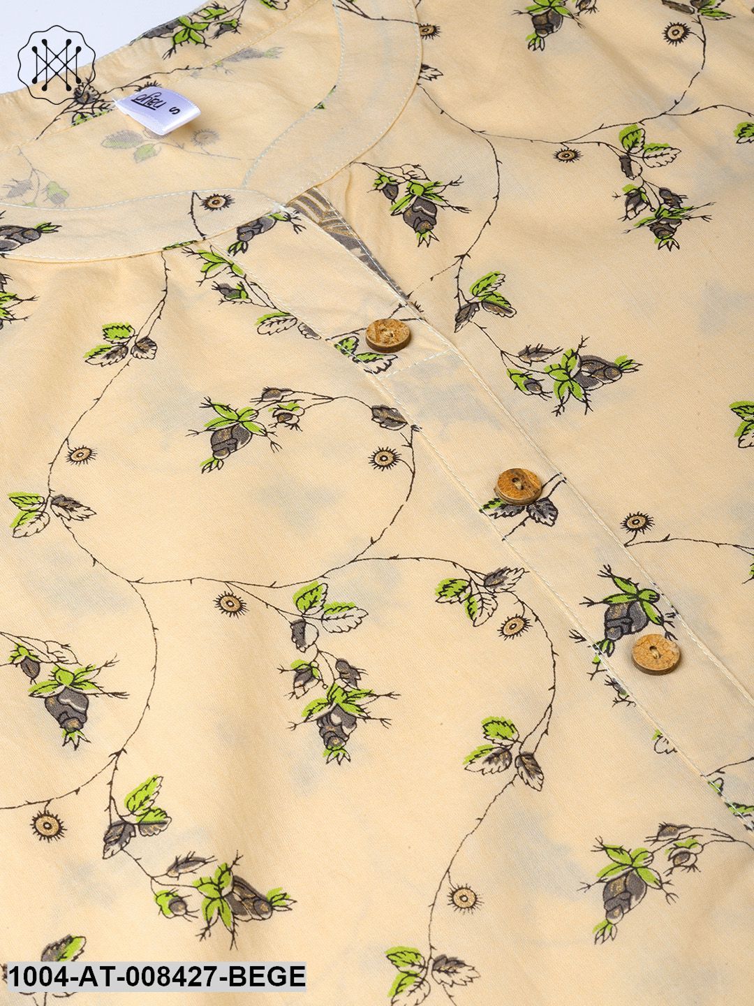 Beige And Green Jaal Printed 3/4Th Sleeve Cotton Kurta