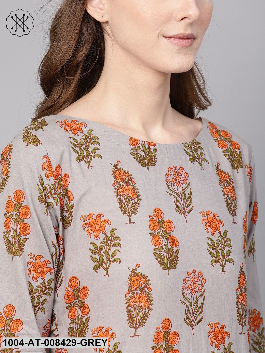 Grey Floral Printed 3/4Th Sleeve Cotton Straight Kurta