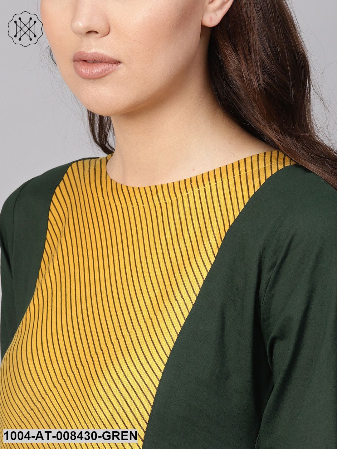 Solid Bottle Green Round Neck Straight Kurta With Printed Yoke