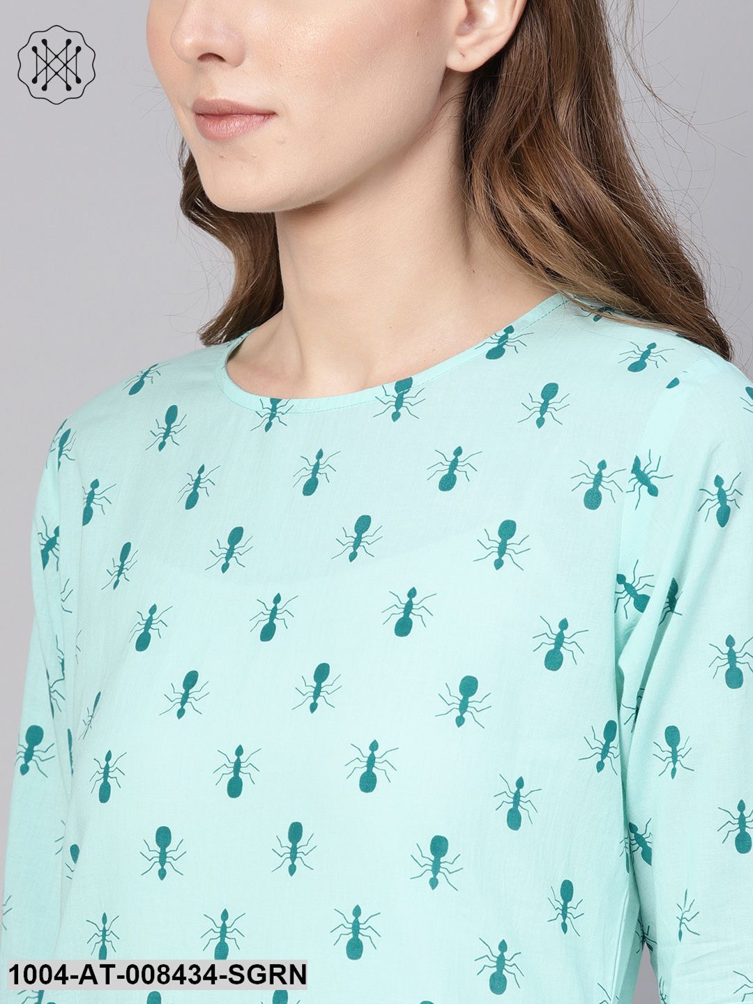 Pastel Green Quirky Printed Round Neck With Back Keyhole And 3/4Th Sleeve Straight Kurta
