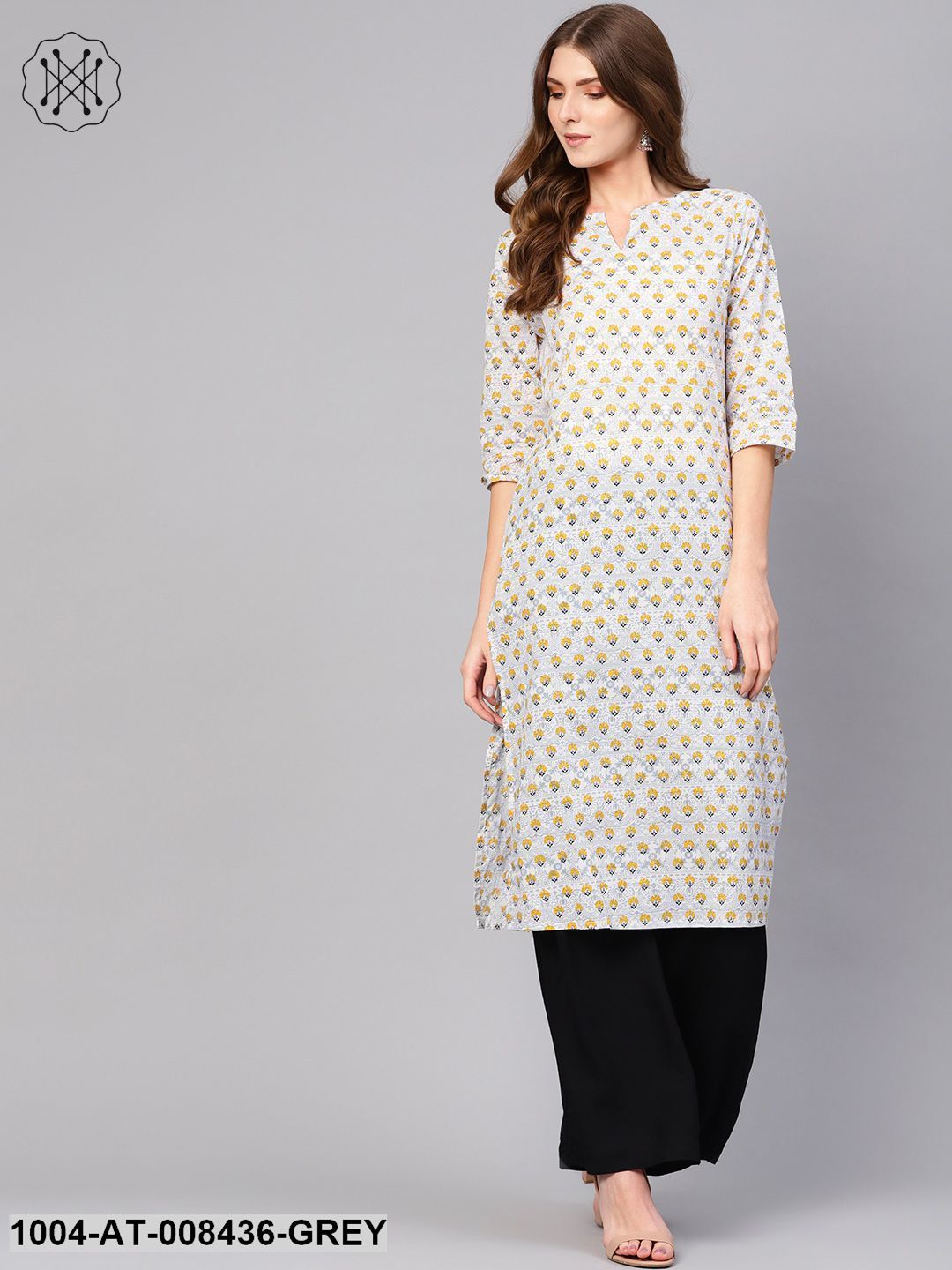 Grey Quirky Printed Boat Neck With A V-Slit Straight Kurta