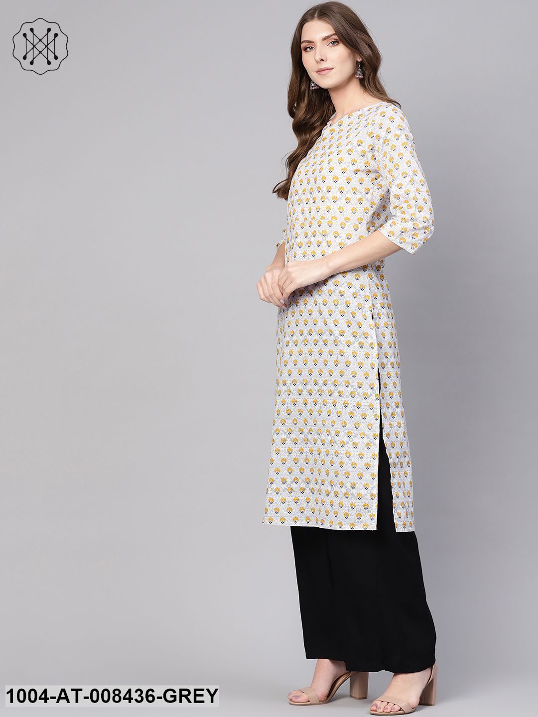 Grey Quirky Printed Boat Neck With A V-Slit Straight Kurta