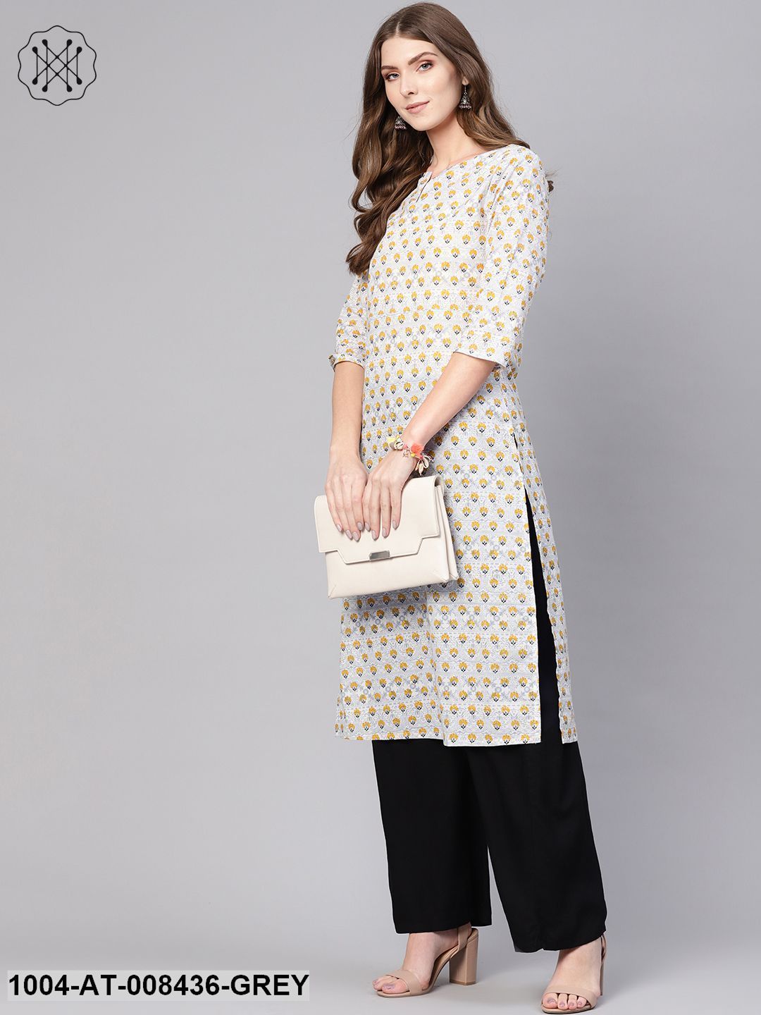 Grey Quirky Printed Boat Neck With A V-Slit Straight Kurta