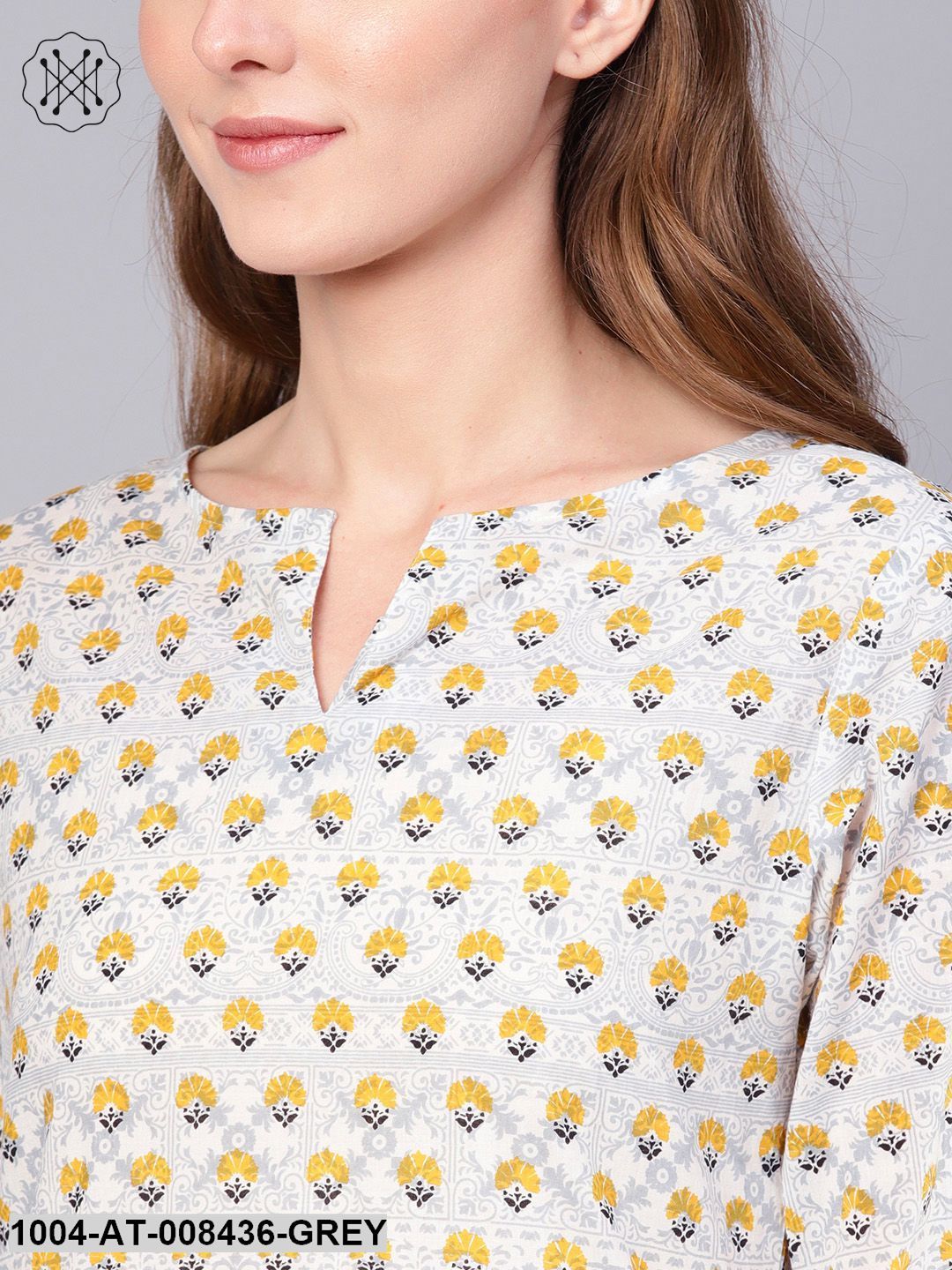 Grey Quirky Printed Boat Neck With A V-Slit Straight Kurta