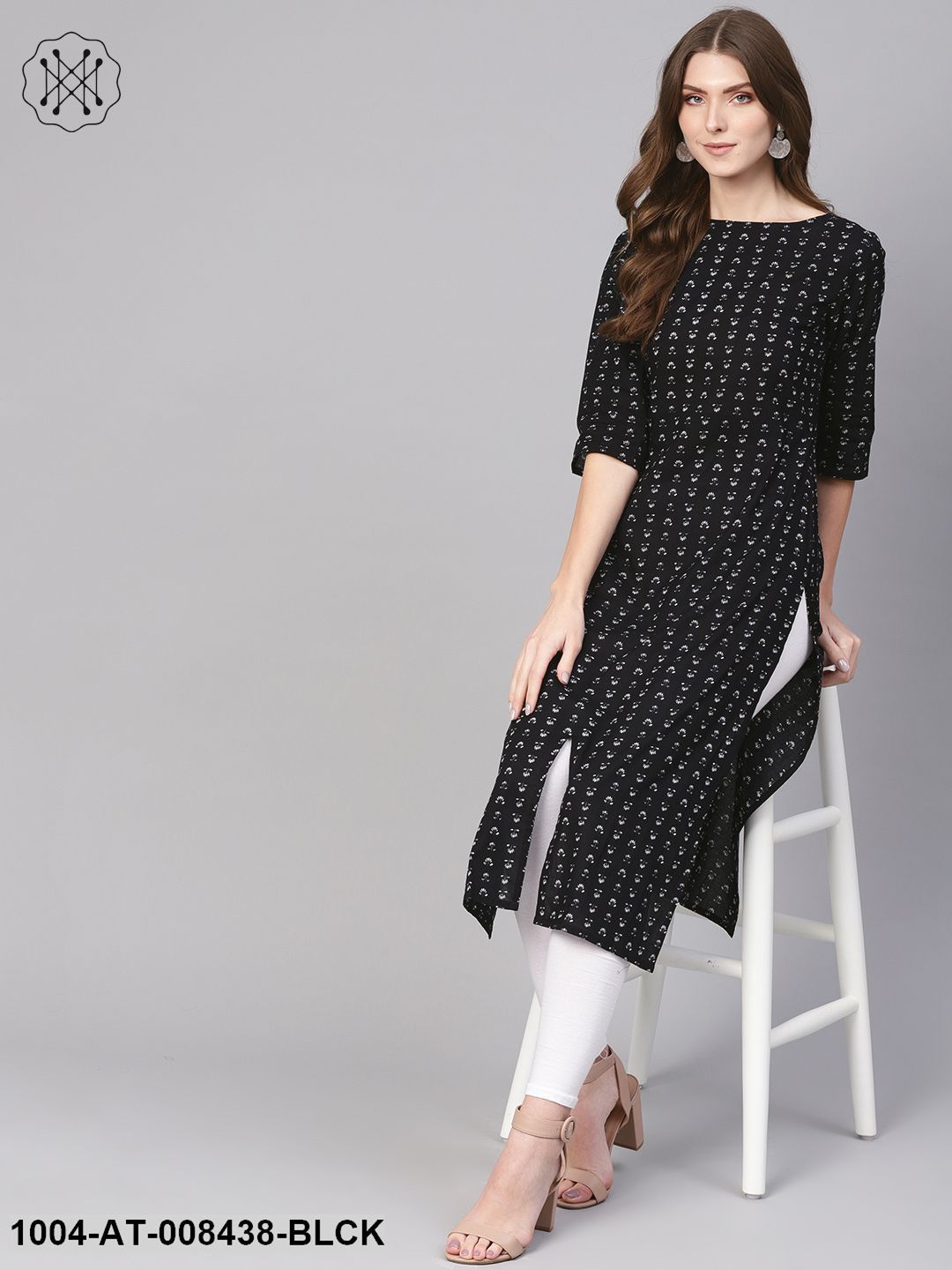 Black Printed Half Sleeves Multi Slit Straight Cotton Kurta