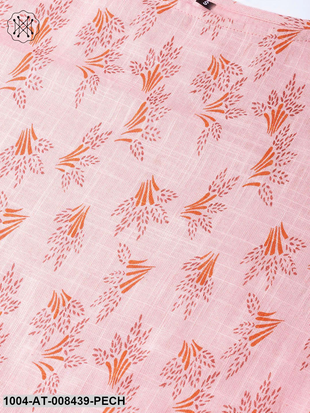 Peach Floral Printed 3/4Th Sleeves Boat Neck Multi Slit Straight Kurta