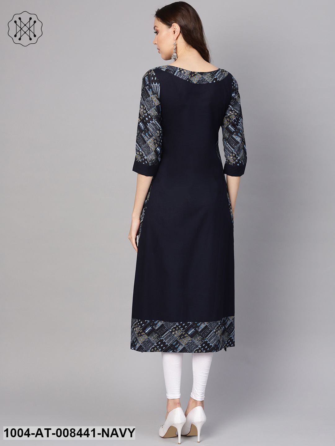 Blue Printed Patch 3/4Th Sleeve Cotton Kurta