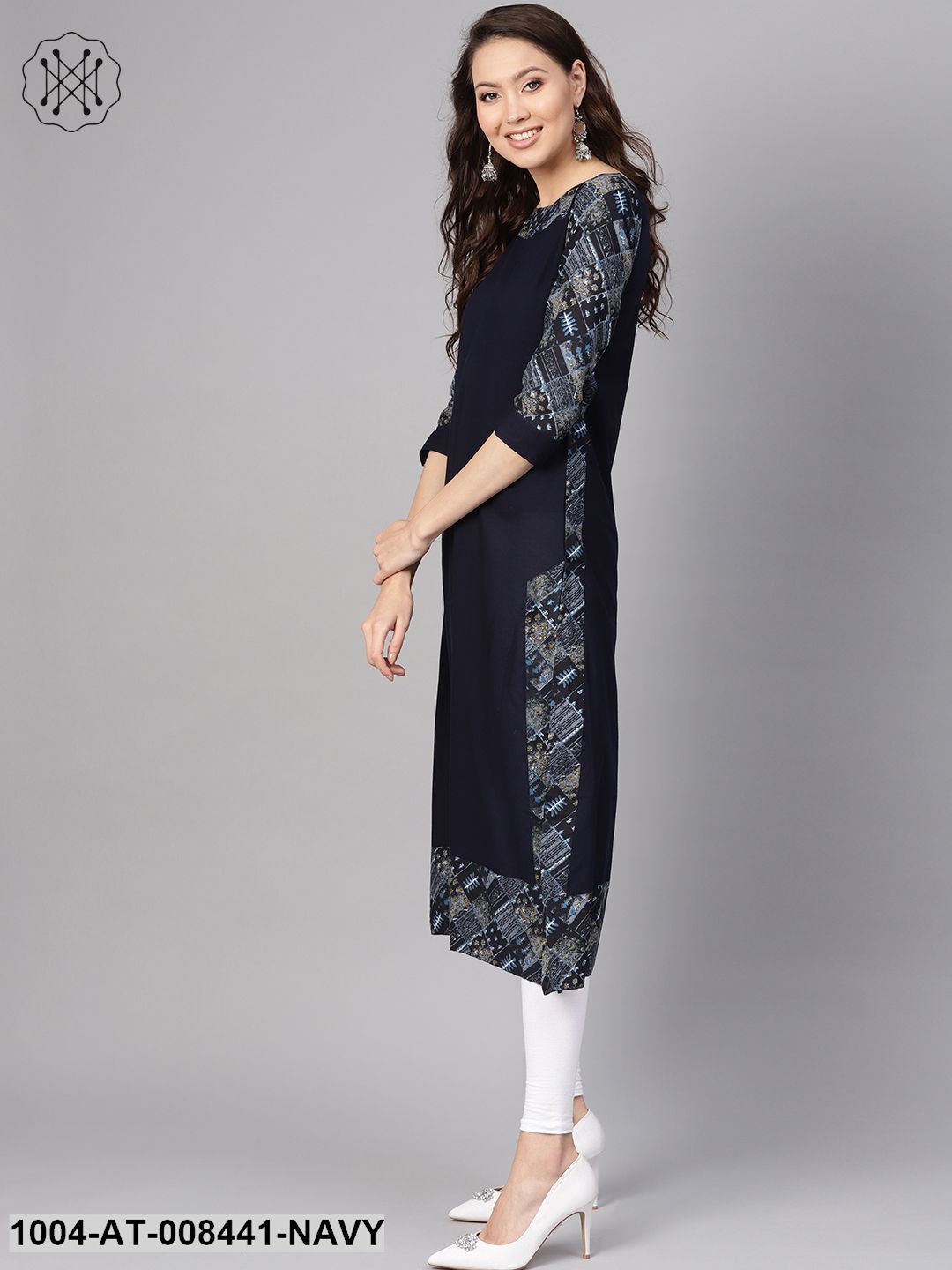 Blue Printed Patch 3/4Th Sleeve Cotton Kurta
