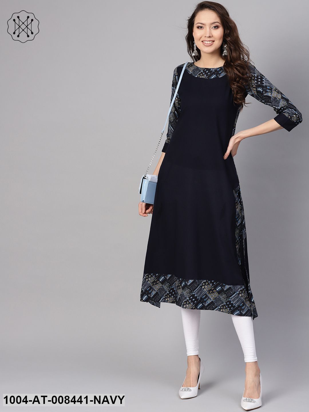 Blue Printed Patch 3/4Th Sleeve Cotton Kurta