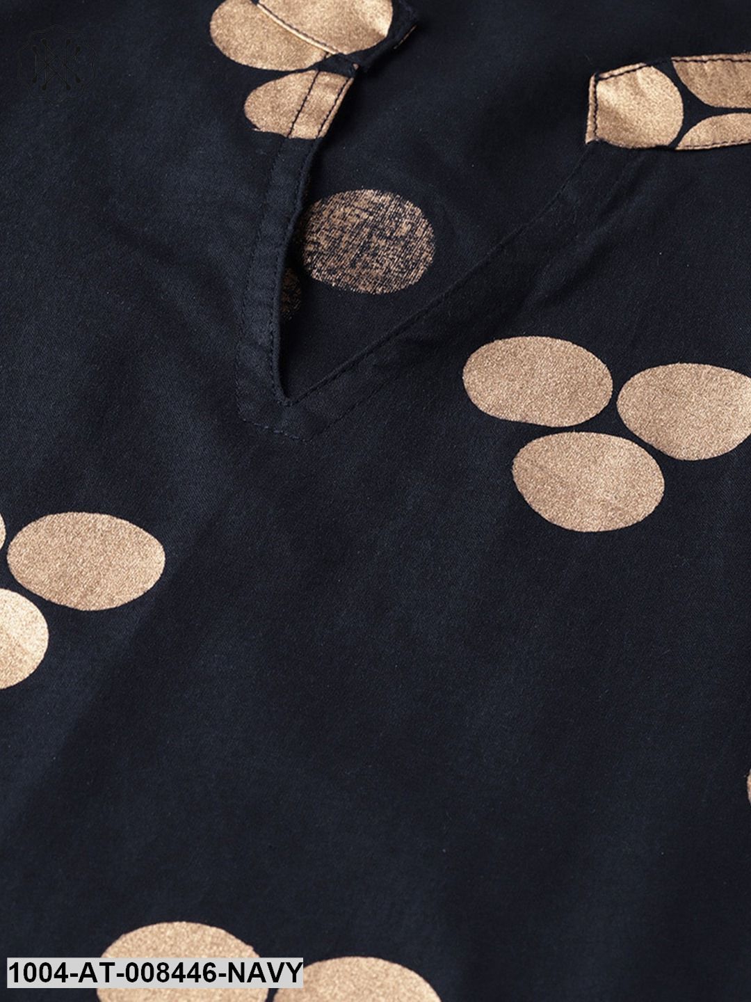 Navy Blue Printed 3/4Th Sleeve Straight Cotton Kurta