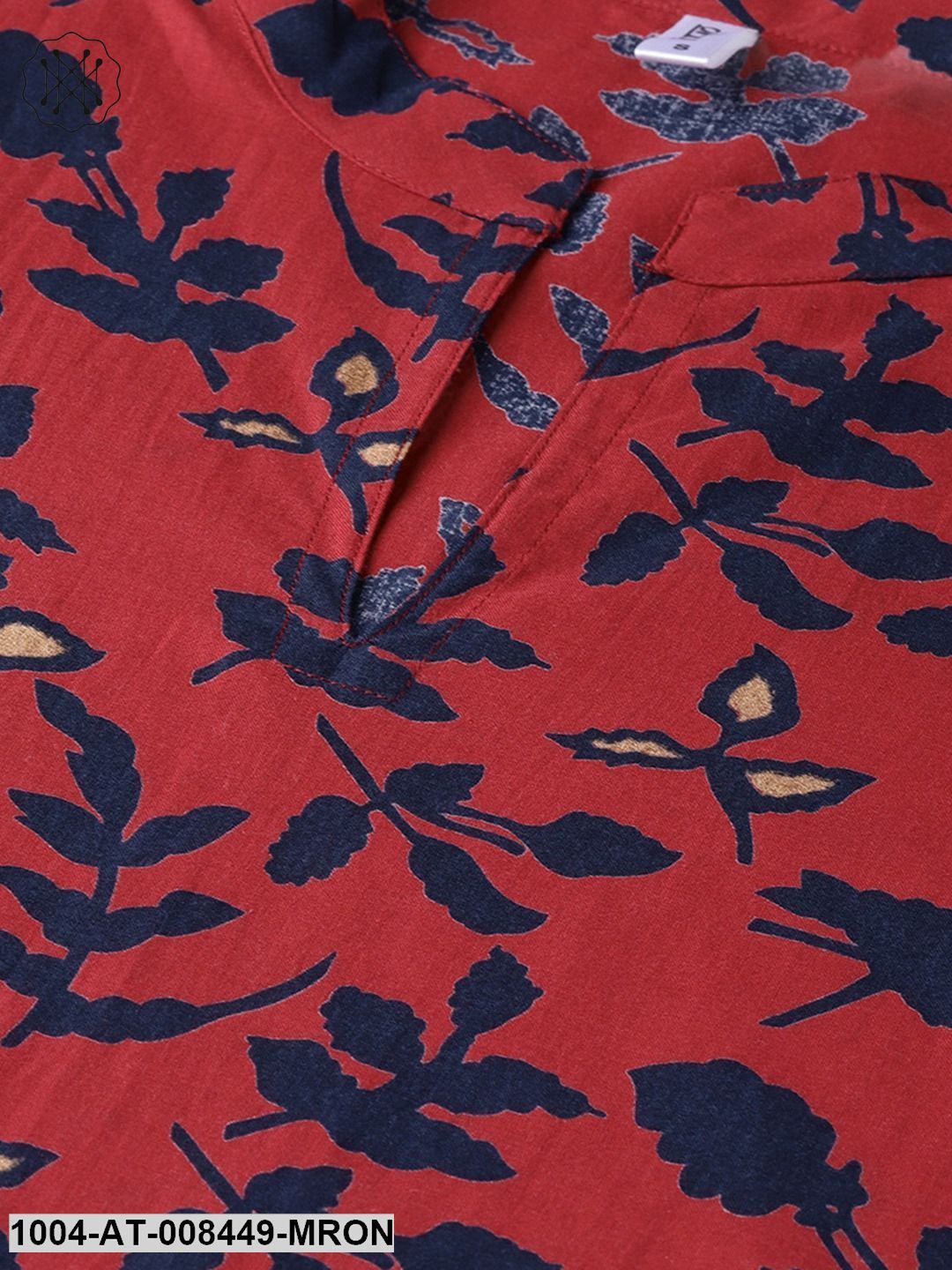 Maroon Printed 3/4Th Sleeve Cotton Kurta