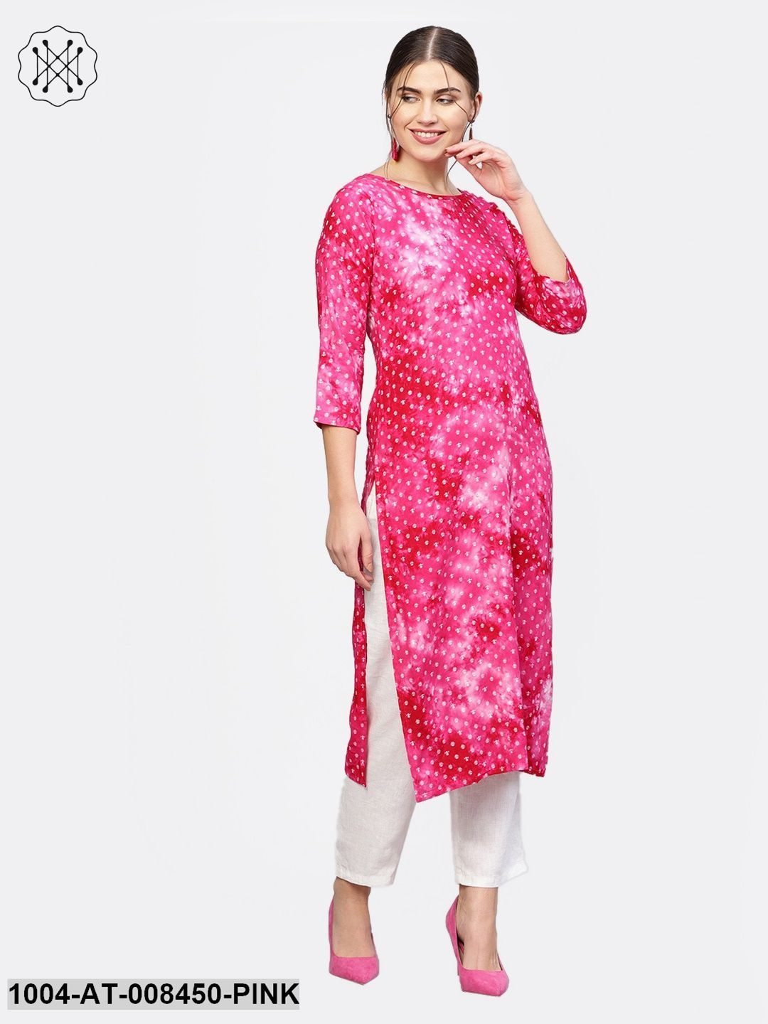 Pink Printed 3/4Th Sleeve Cotton Kurta