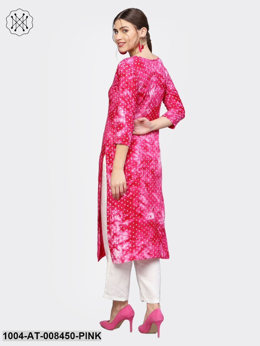 Pink Printed 3/4Th Sleeve Cotton Kurta