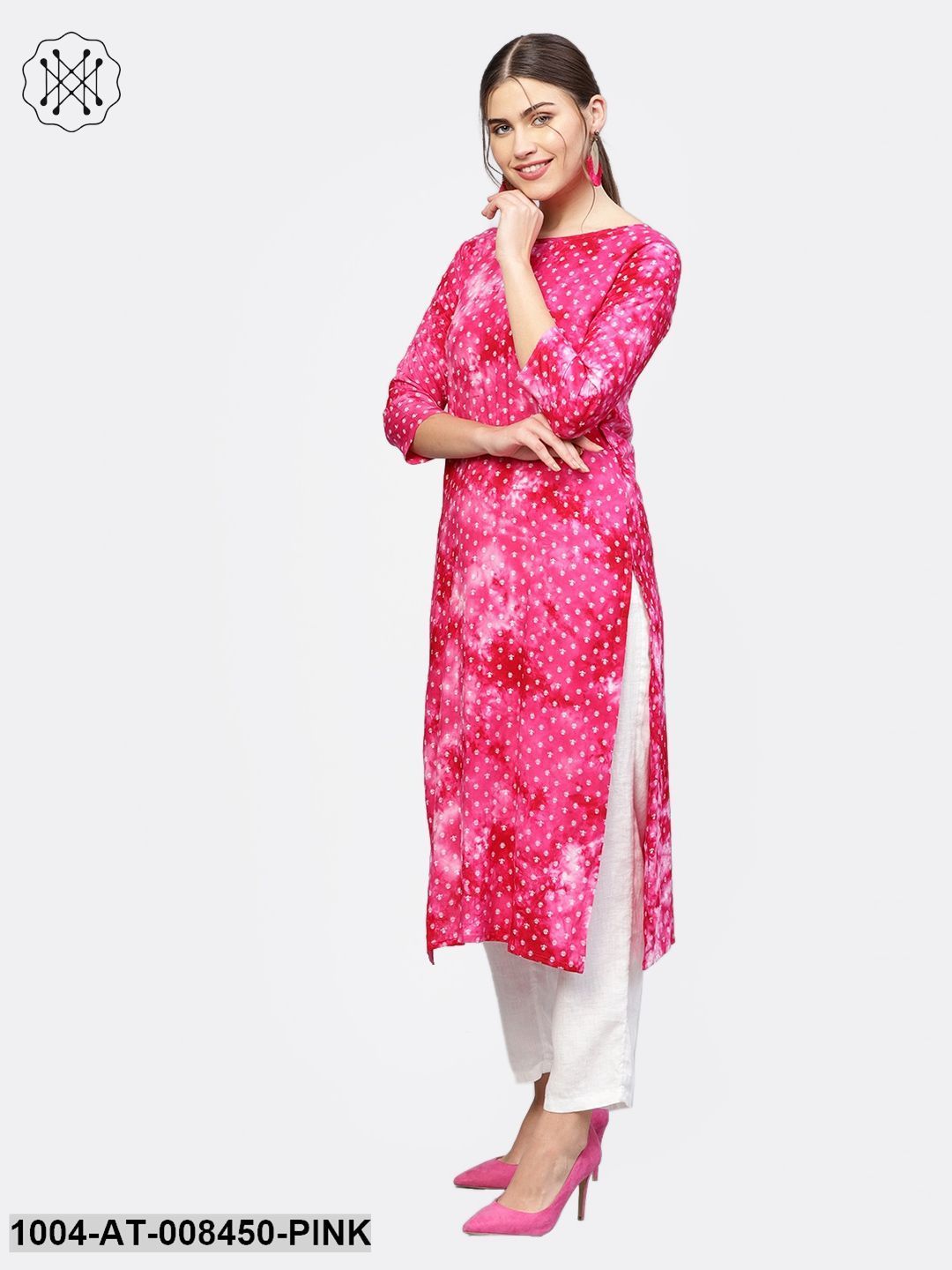 Pink Printed 3/4Th Sleeve Cotton Kurta