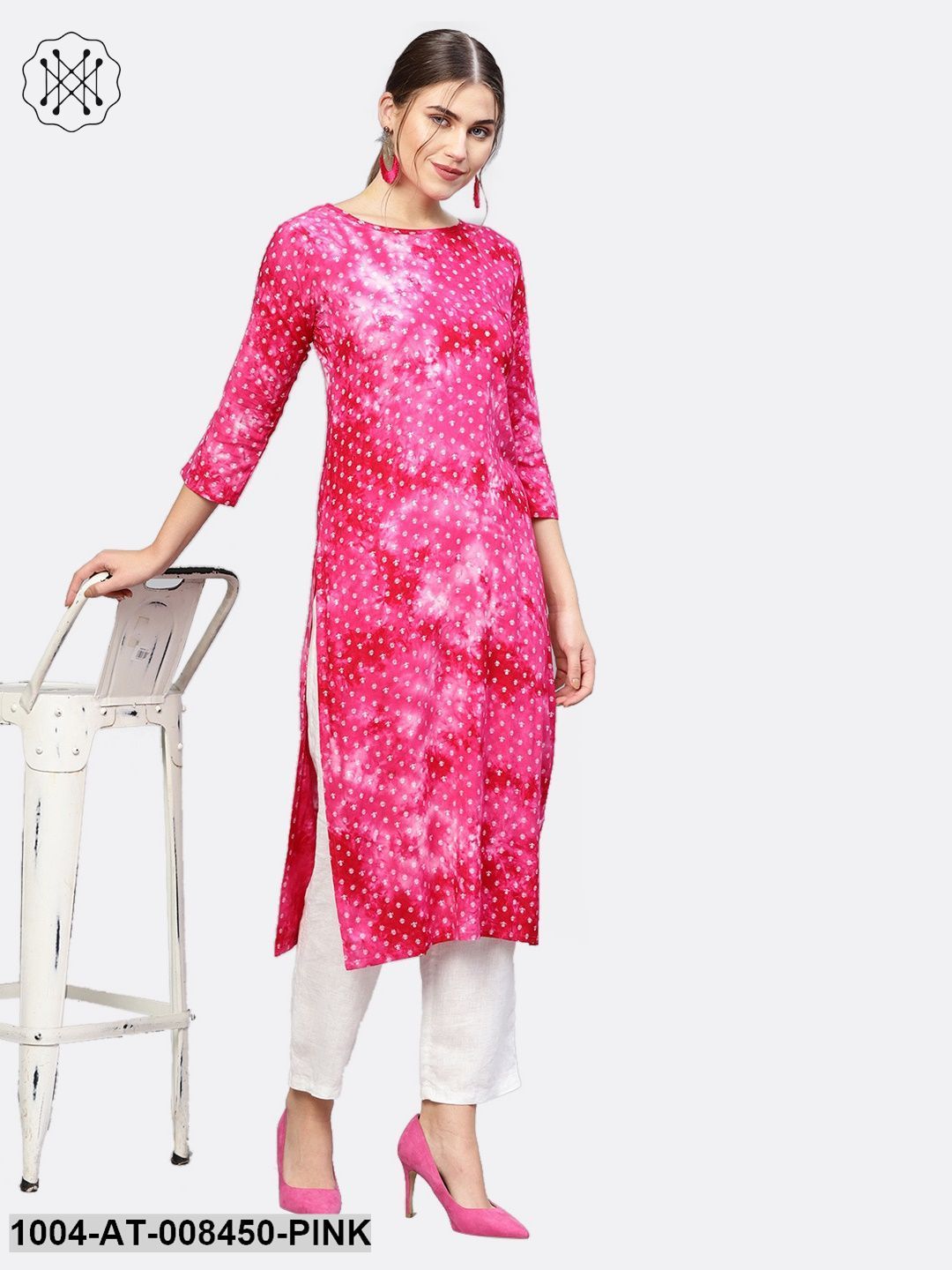 Pink Printed 3/4Th Sleeve Cotton Kurta