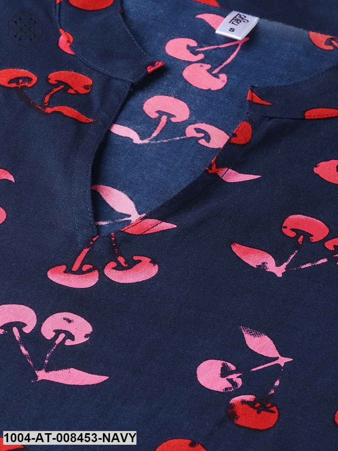 Navy Blue Printed Cotton Half Sleeve Kurta