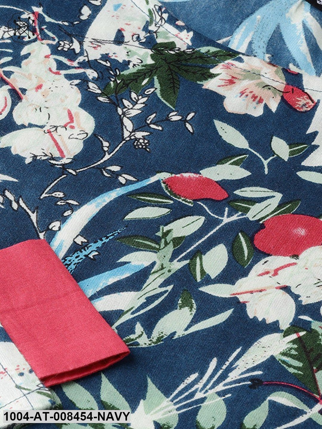 Navy Blue Multi Printed Cold Shoulder Cotton A-Line Kurta