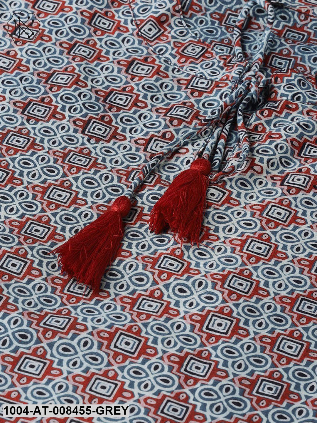 Grey Printed Full Sleeve Cotton Straight Kurta