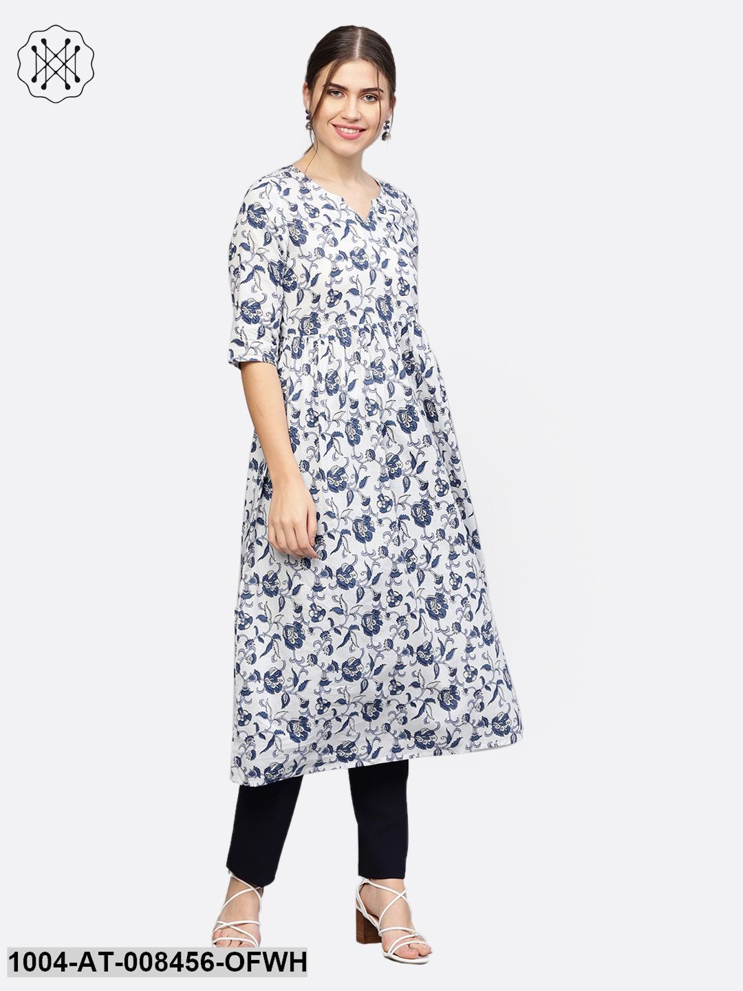 White & Blue Printed Half Sleeve Anarkali Kurta