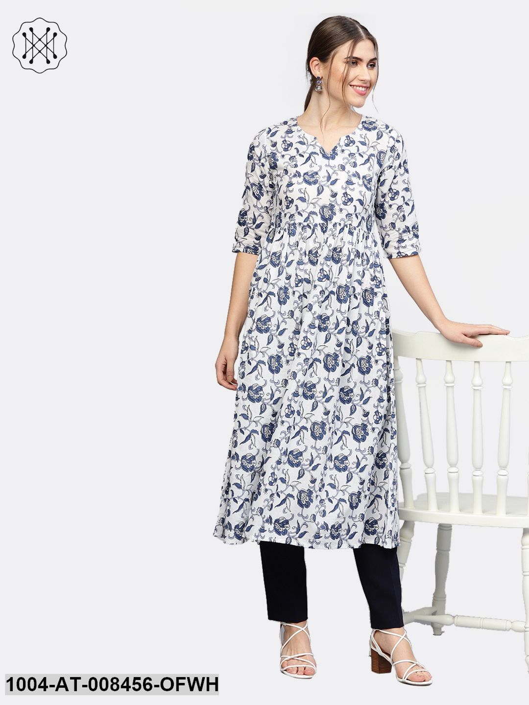White & Blue Printed Half Sleeve Anarkali Kurta