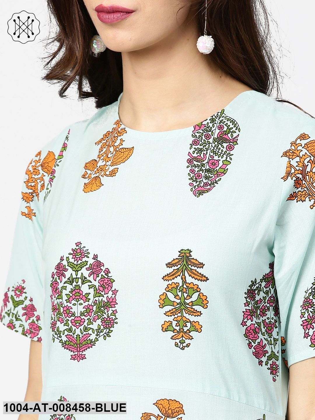 Light Blue Printed Short Sleeve Cotton Straight Kurta