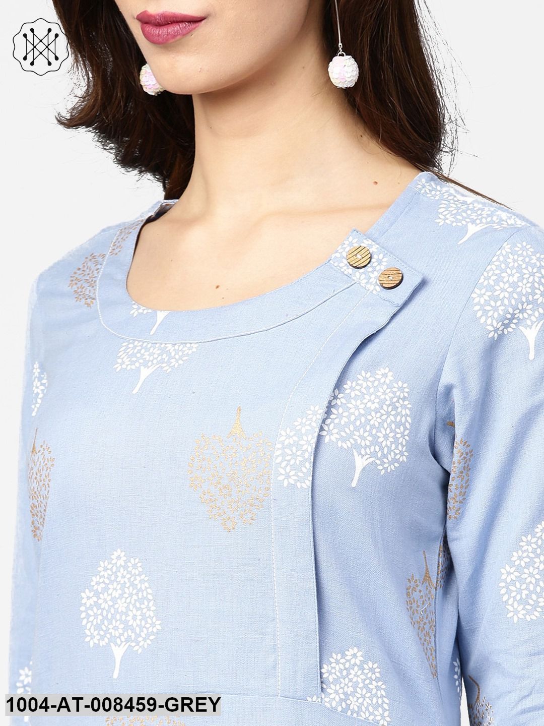 Grey Printed3/4Th Sleeve Cotton Straight Kurta