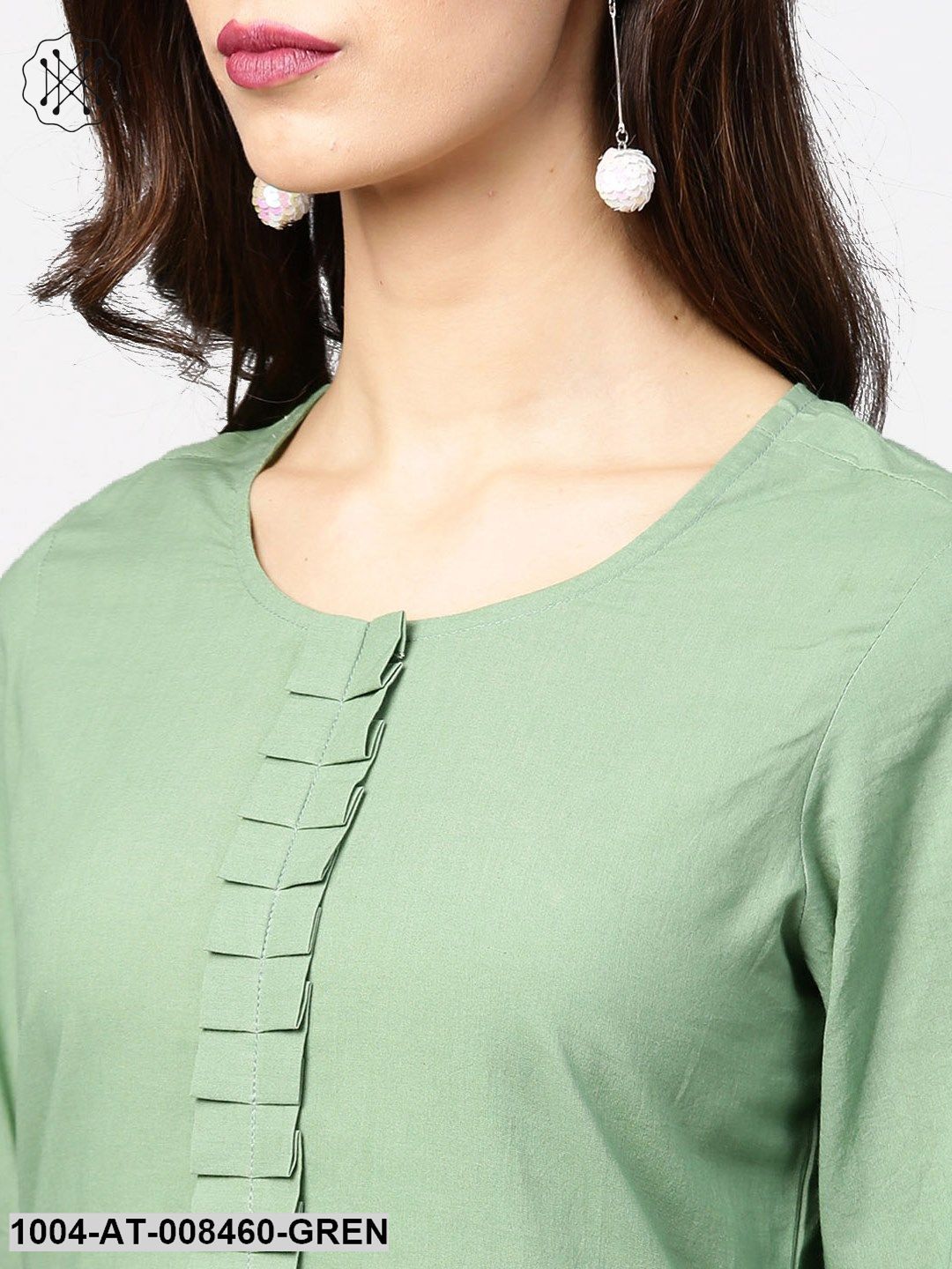 Dark Green Solid 3/4Th Sleeve Cotton Straight Kurta