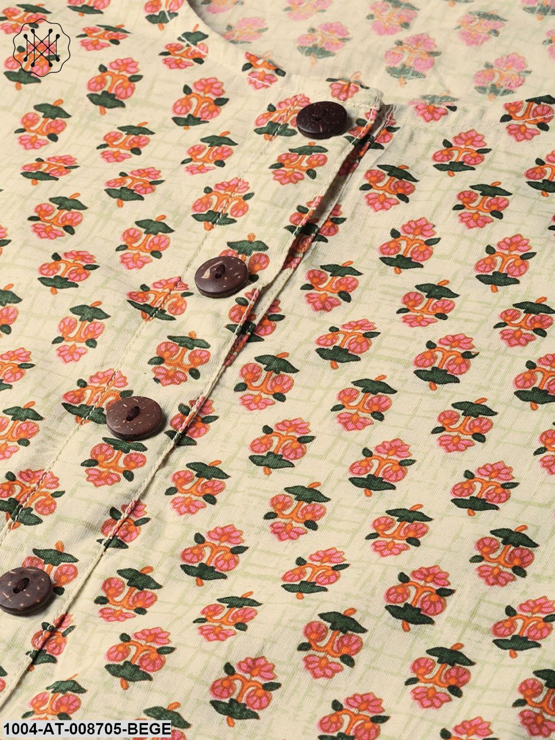 Beige with multi floral printed kurta with buttons detailing