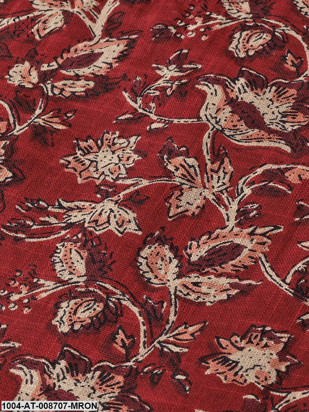 Maroon & Beige Printed A-line Kurta with Round Flared Sleeves