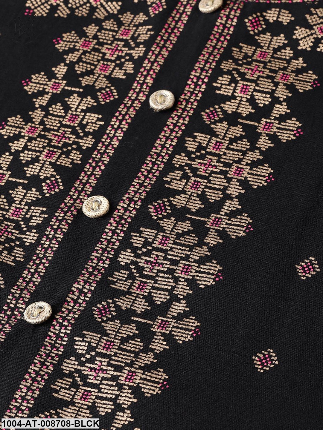 Black & gold Geometric Printed Kurta with Round neck & 3/4 sleeves