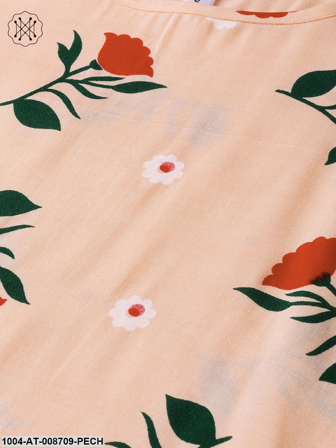 Peach Multi coloured Floral printed Straight Kurta with Round neck & 3/4 sleeves