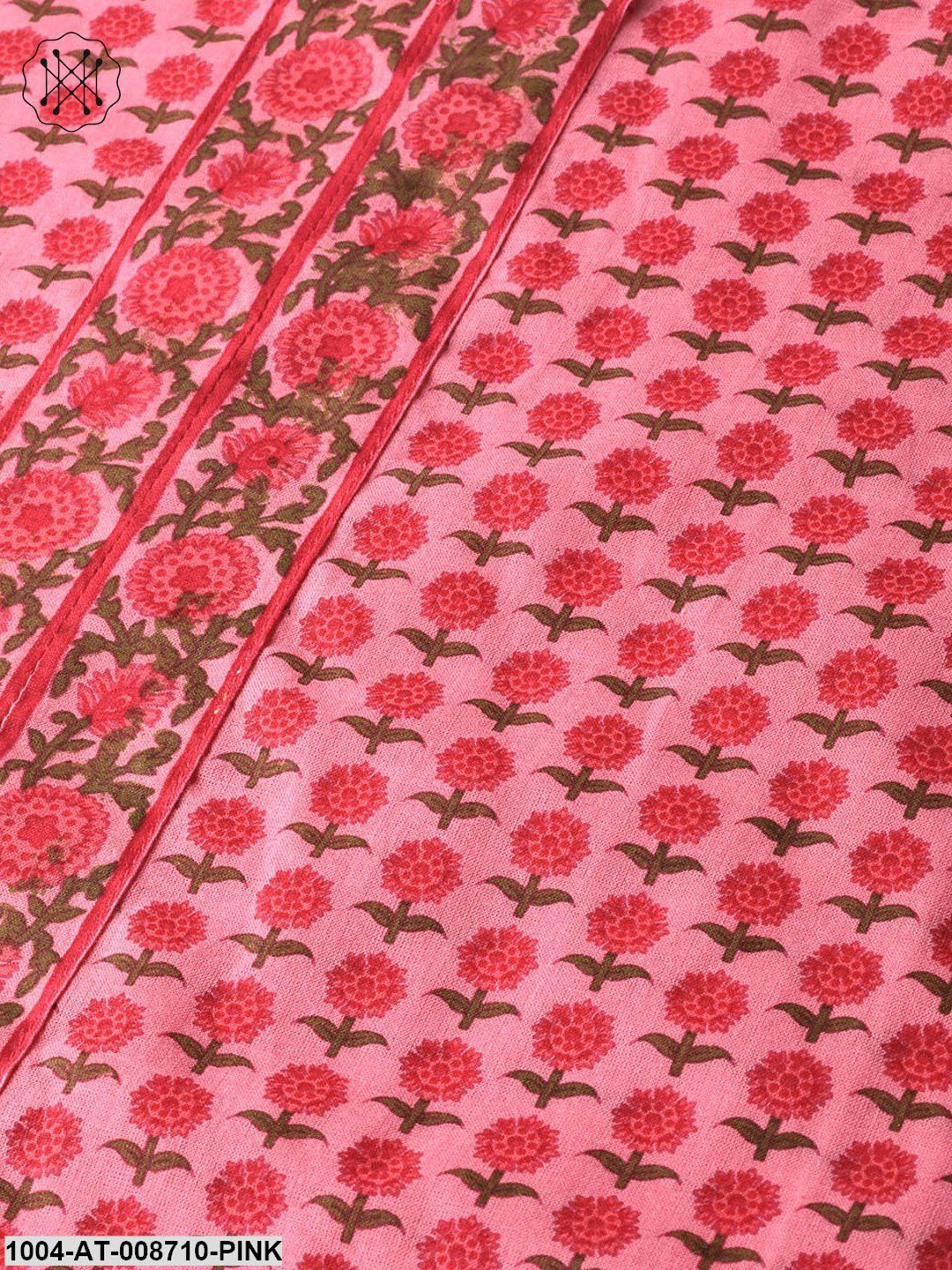 Pink Floral printed Straight Kurta with Round With V & 3/4 sleeves