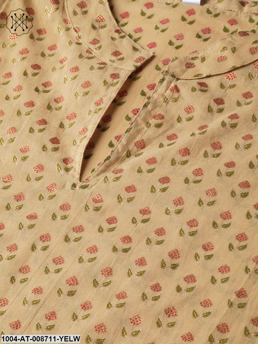 Yellow Printed Straight Kurta with Mandarin Collar with 3/4 sleeves