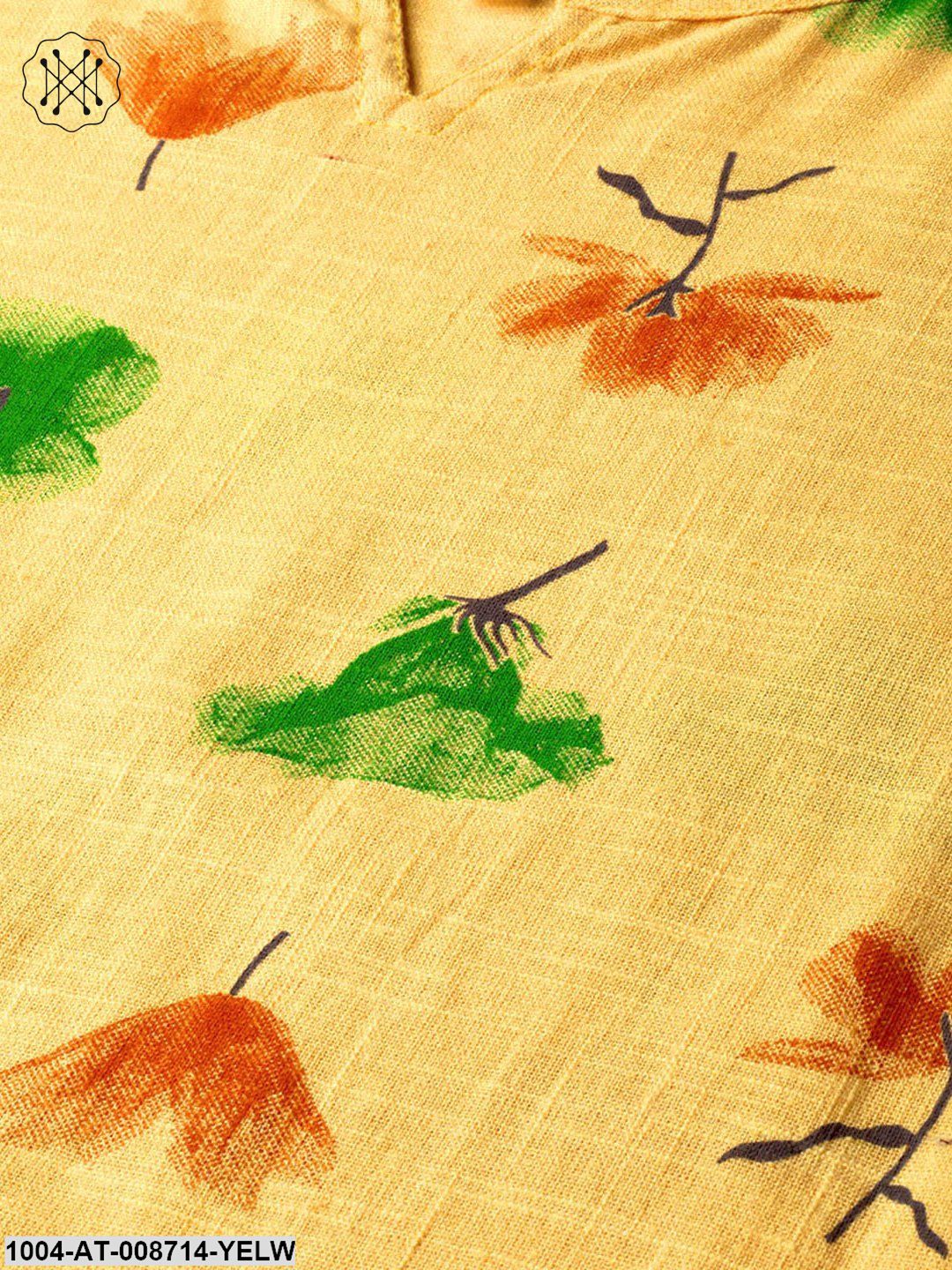 Yellow Multi coloured Printed Kurta with Round neck with V & 3/4 sleeves