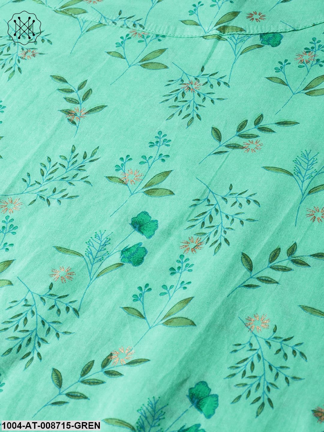 Fern Green Floral Printed Straight kurta with Round neck & 3/4 sleeves