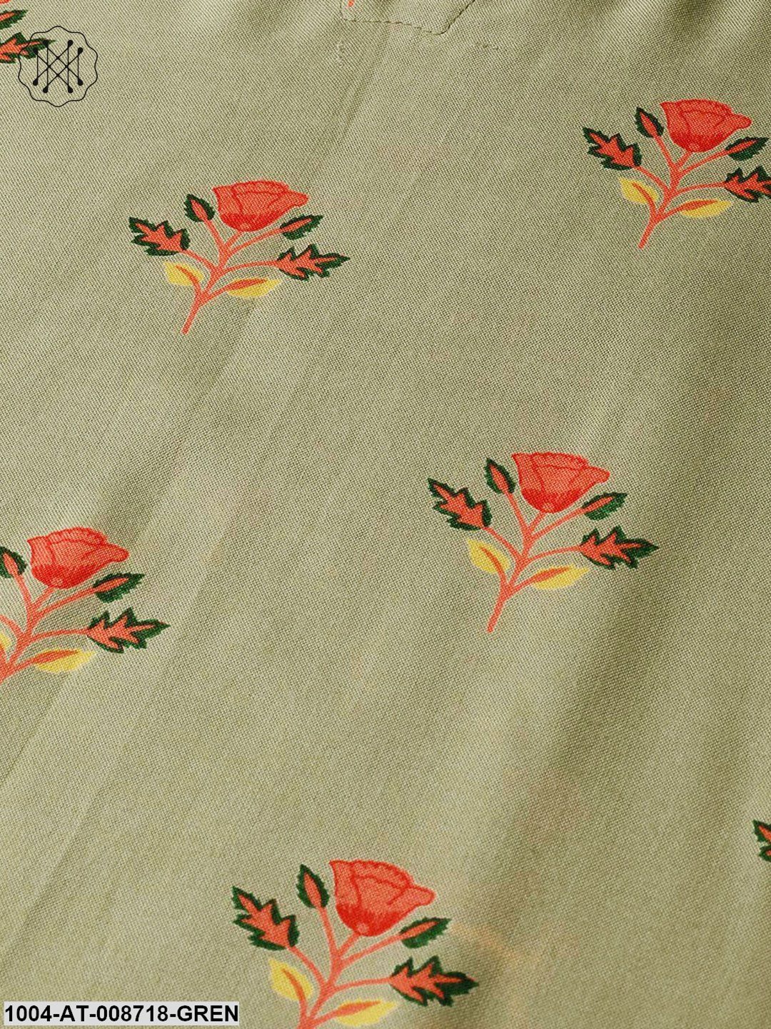 Olive green Multi Coloured Printed Kurta with Round Neck with V & 3/4 sleeves