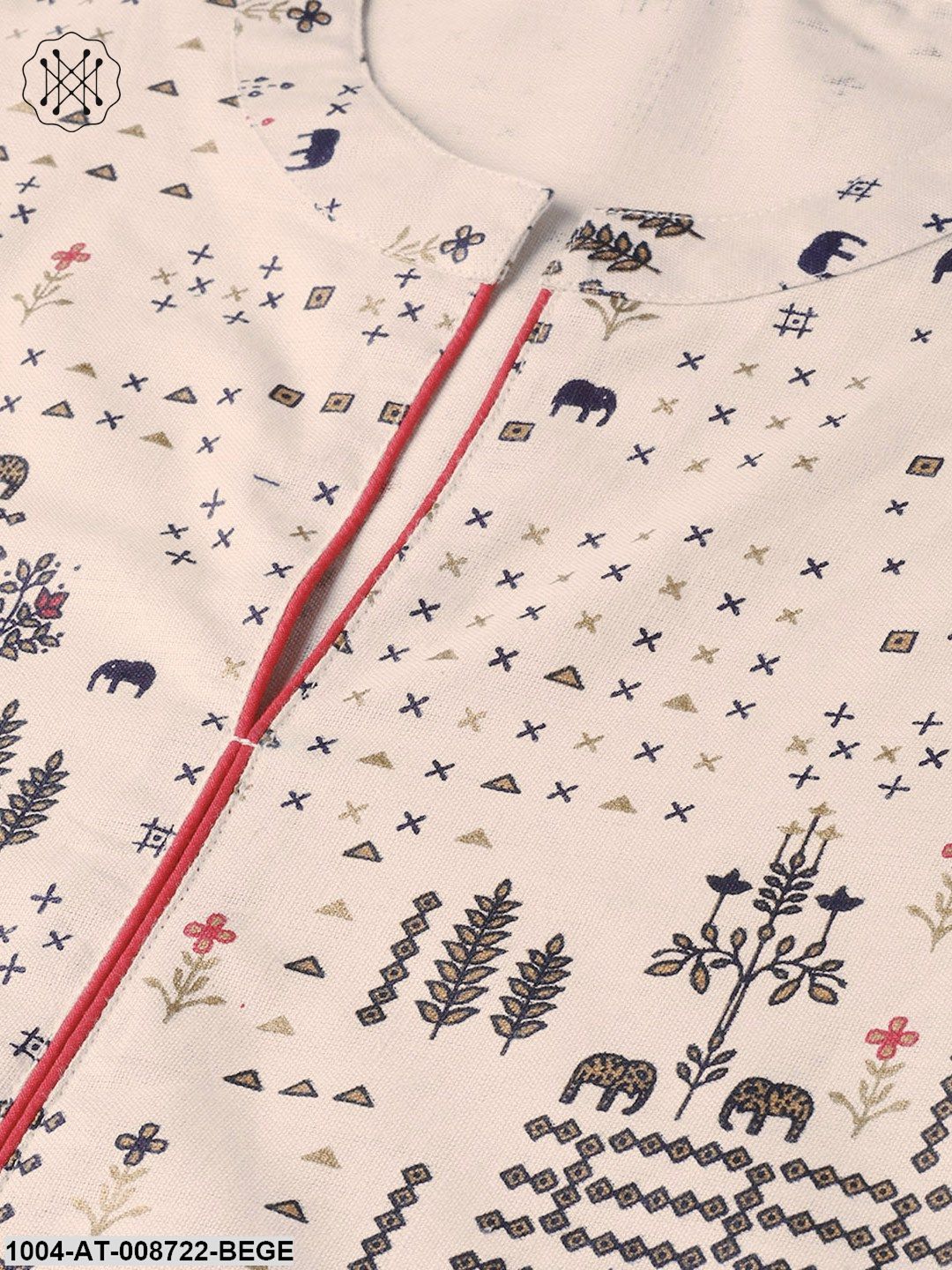 Beige and black printed A-line cotton Kurta