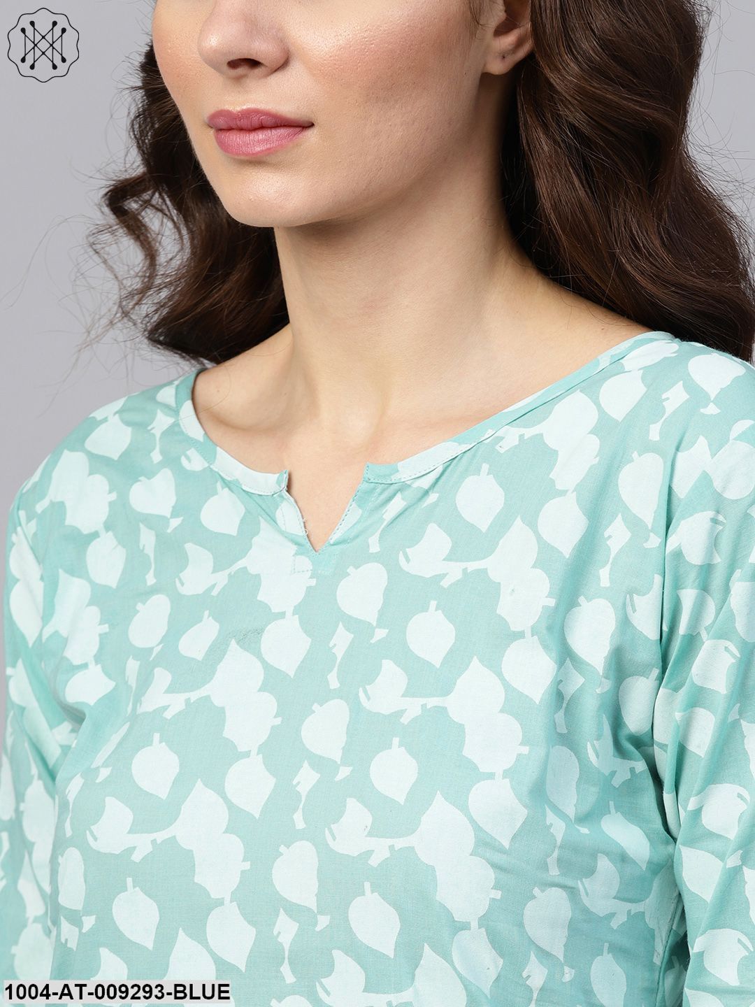 Blue Printed 3/4Th Sleeve Cotton Printed Straight Kurta