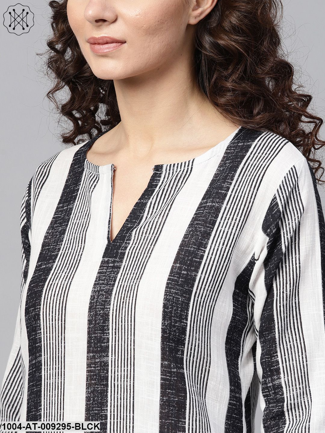 Black & White Striped Printed 3/4Th Sleeve Cotton Kurta