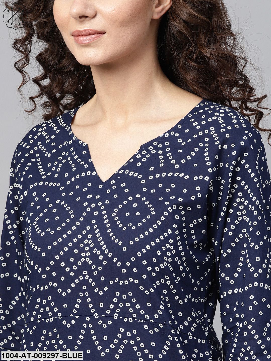 Navy Blue Bandhani Straight Kurta Round Neck V Slit & 3/4 Sleeves